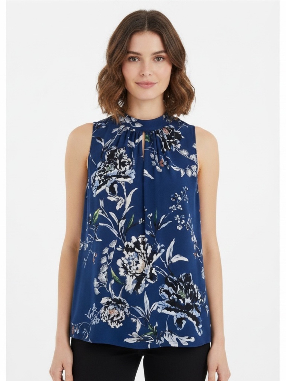 WHBM | Blue high neck sleeveless floral botanical lightweight  blouse size small